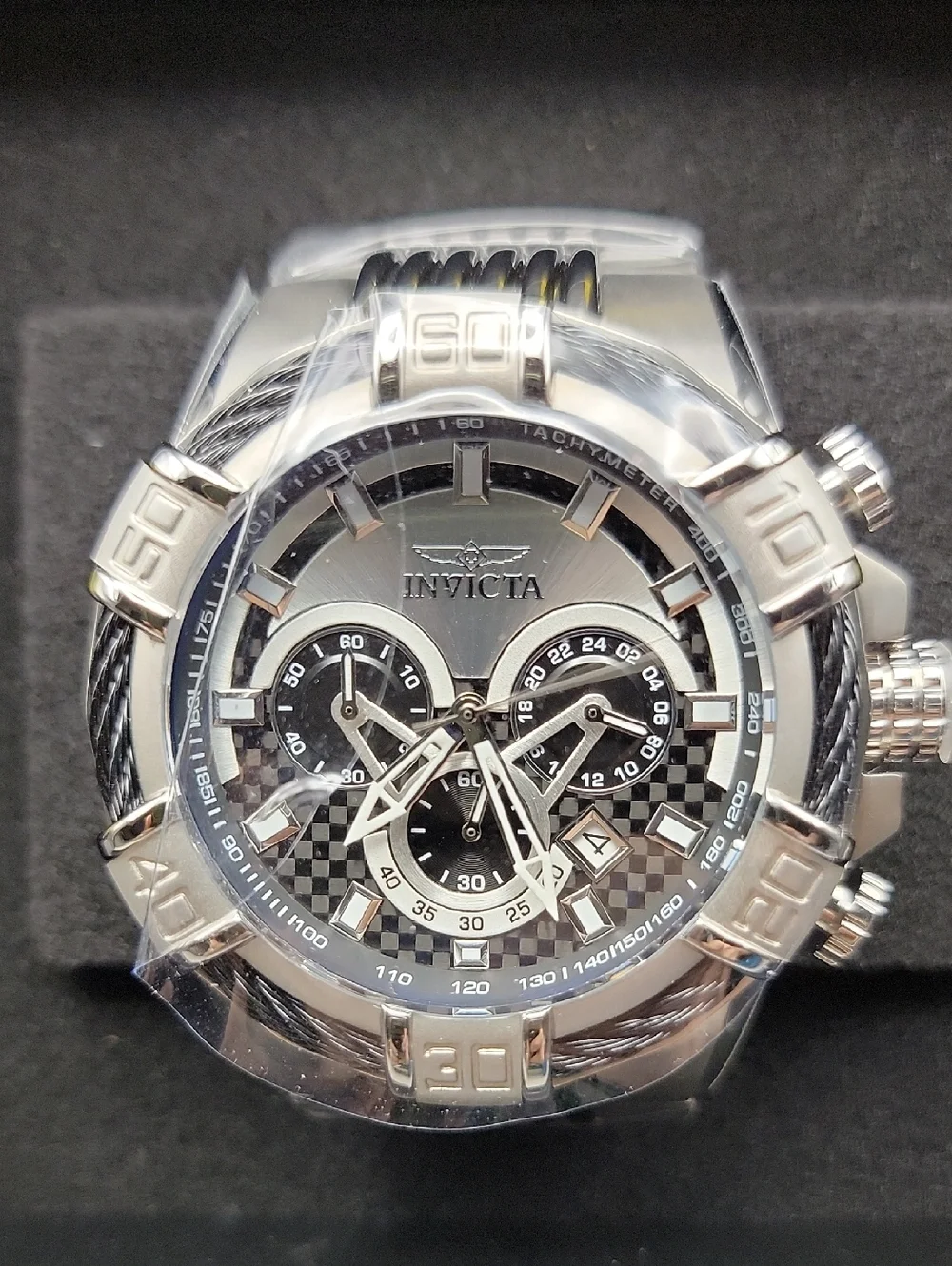 NEW 29569 Invicta Bolt Men's Chunky 52mm, Carbon Fiber, Black Chronograph Watch